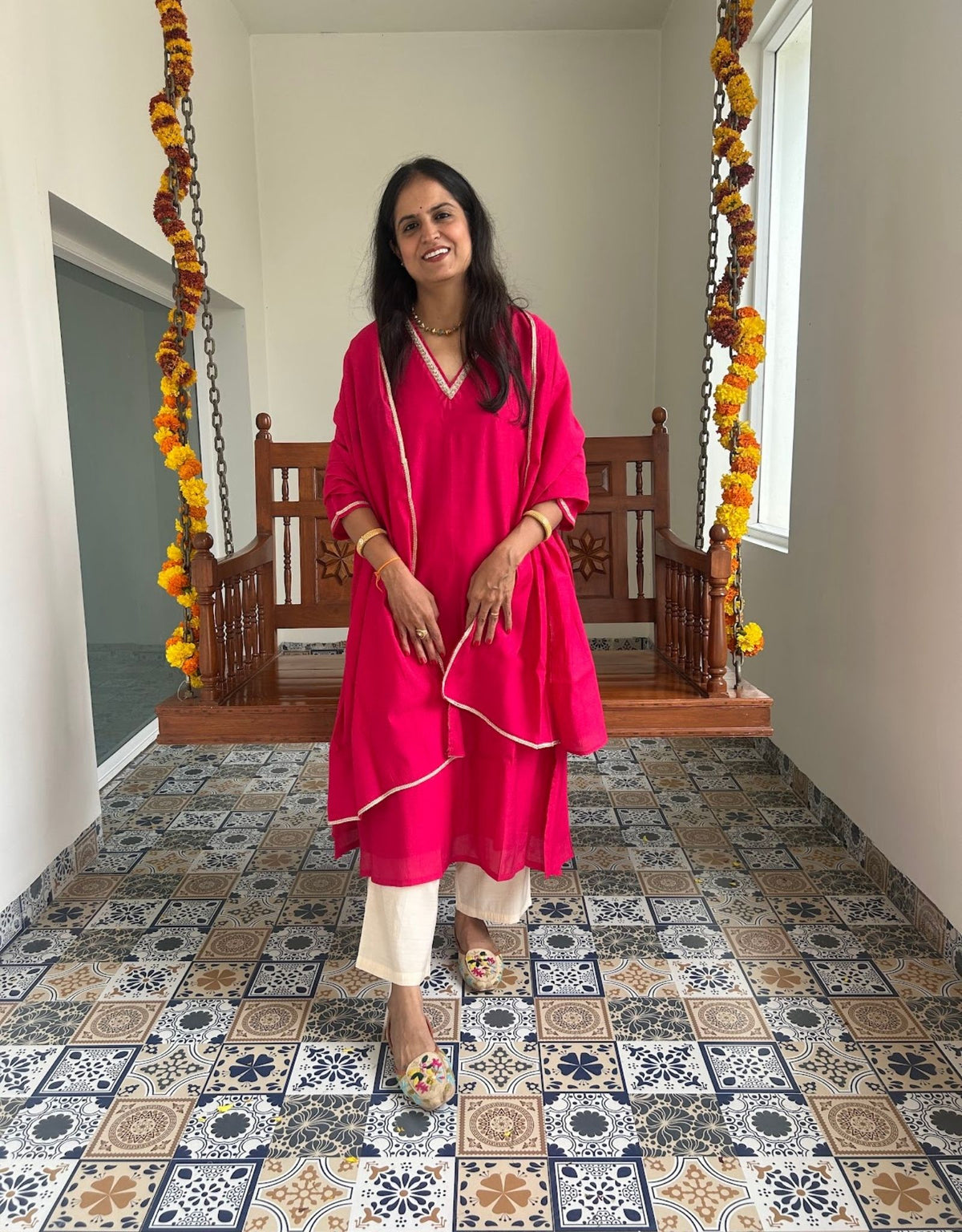 Festive Mul Chanderi Kurta Set with Dupatta - Raani - Off White