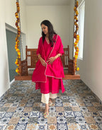Festive Mul Chanderi Kurta Set with Dupatta - Raani - Off White