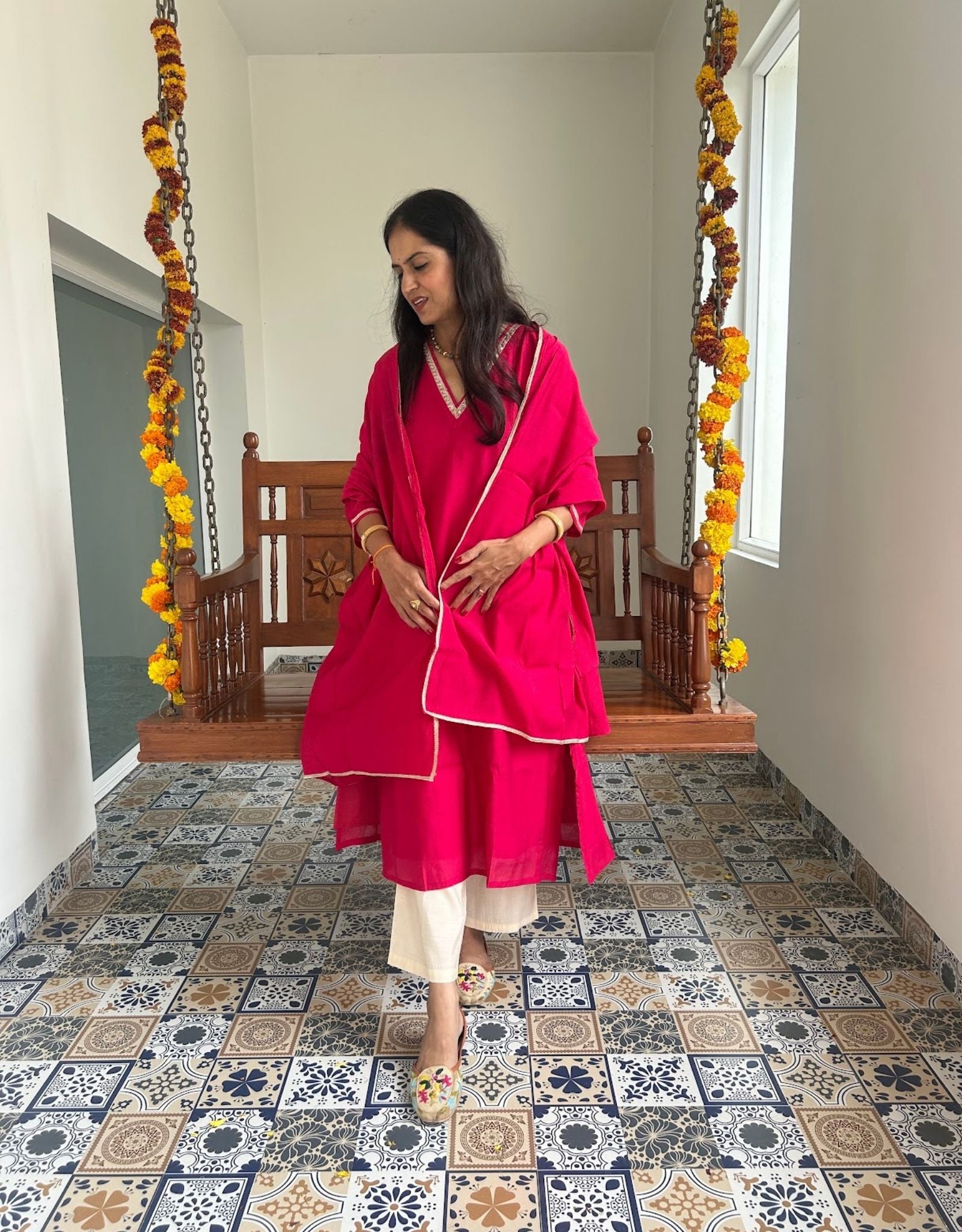 Festive Mul Chanderi Kurta Set with Dupatta - Raani - Off White