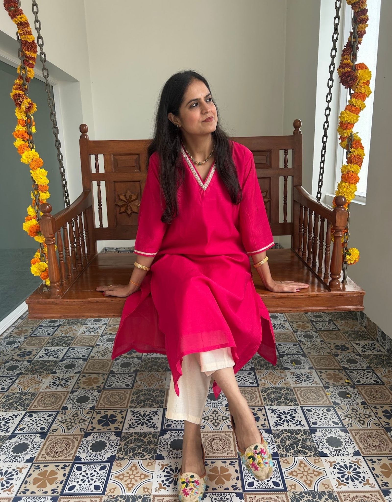 Festive Mul Chanderi Kurta Set with Dupatta - Raani - Off White