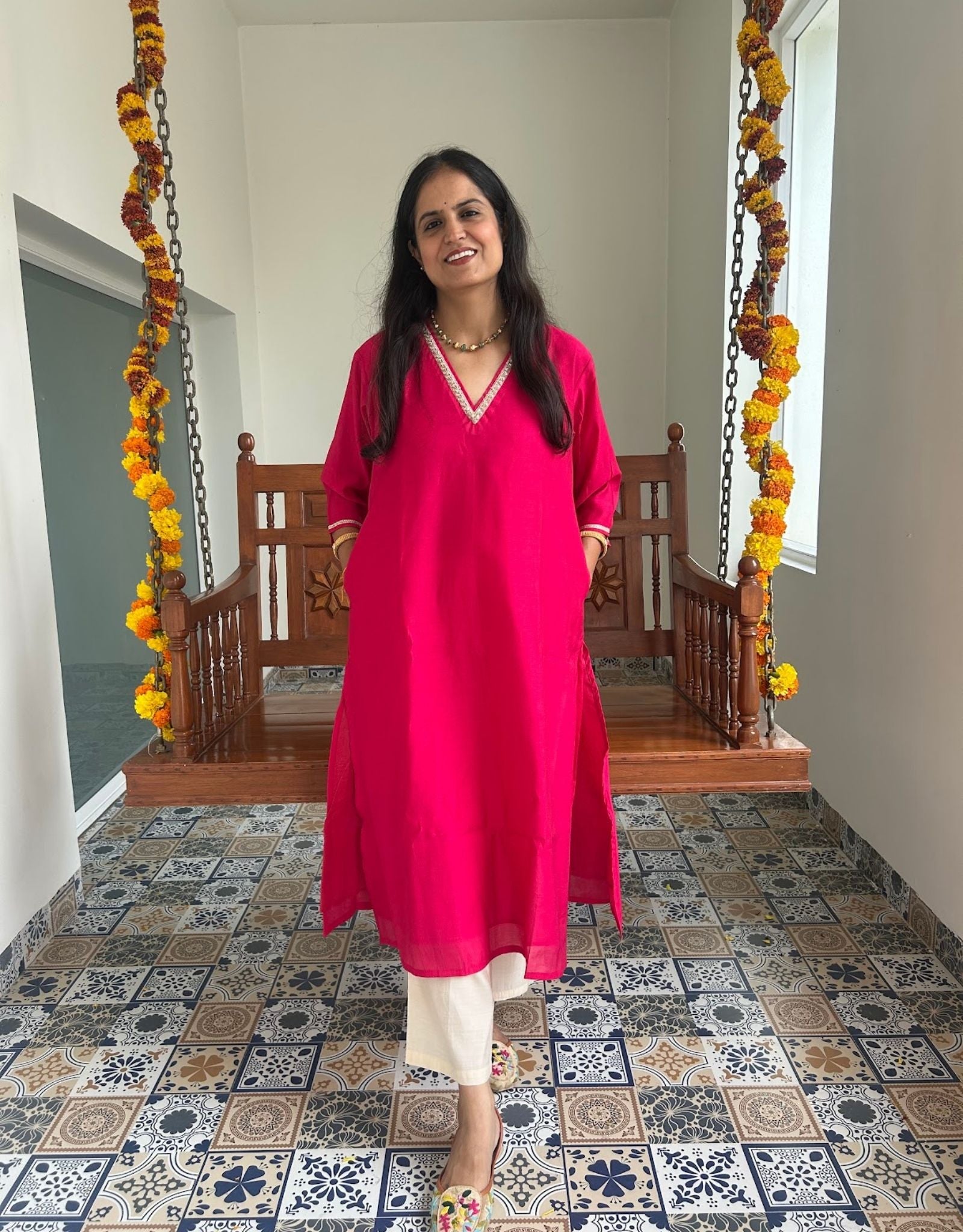 Festive Mul Chanderi Kurta Set with Dupatta - Raani - Off White