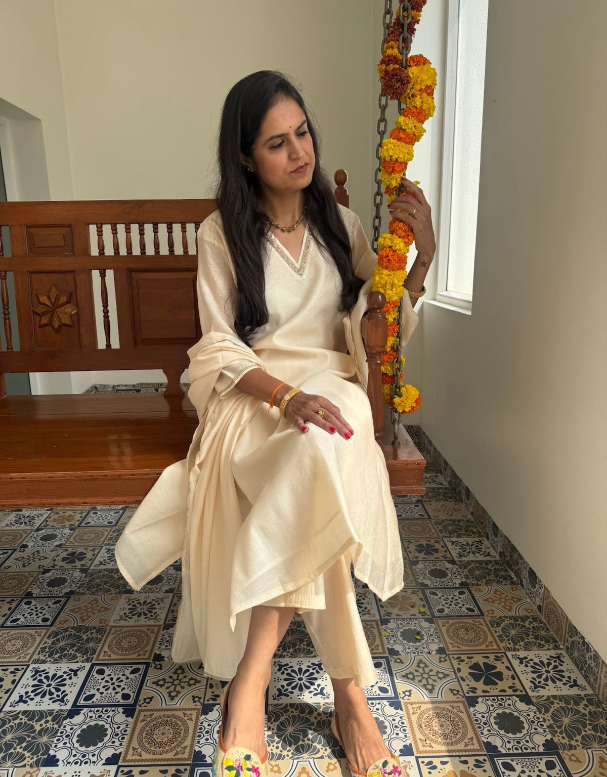 Festive Mul Chanderi Kurta Set with Dupatta - Off White