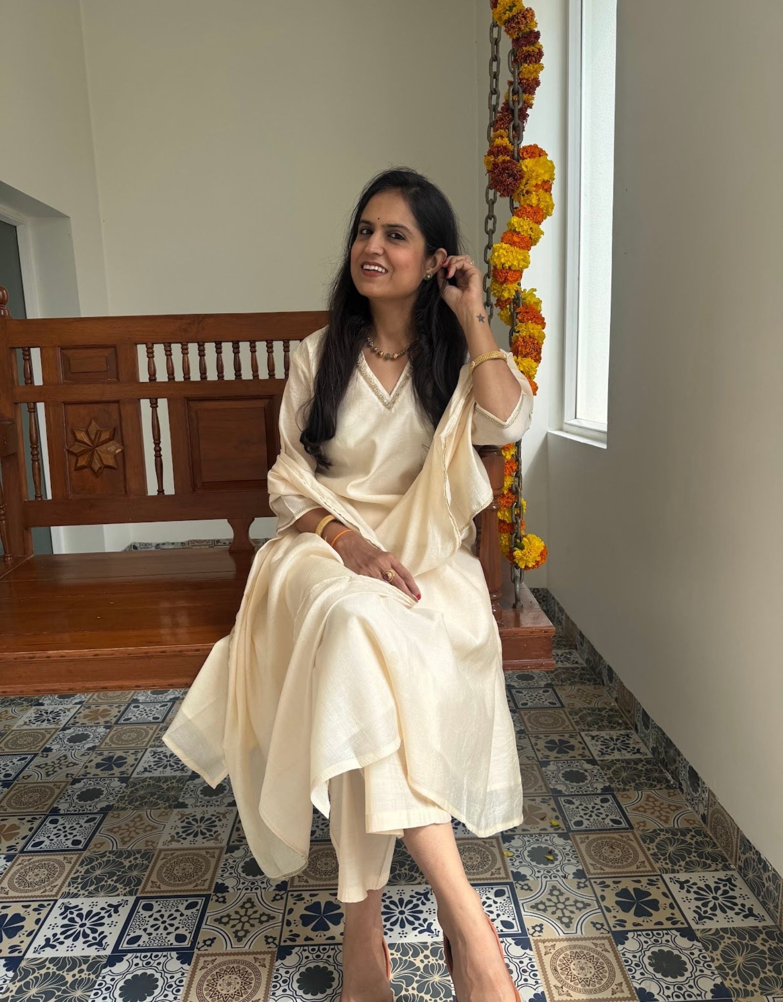 Festive Mul Chanderi Kurta Set with Dupatta - Off White