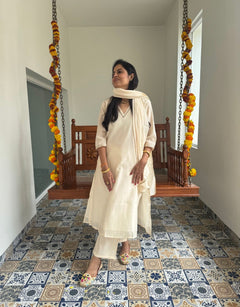 Festive Mul Chanderi Kurta Set with Dupatta - Off White