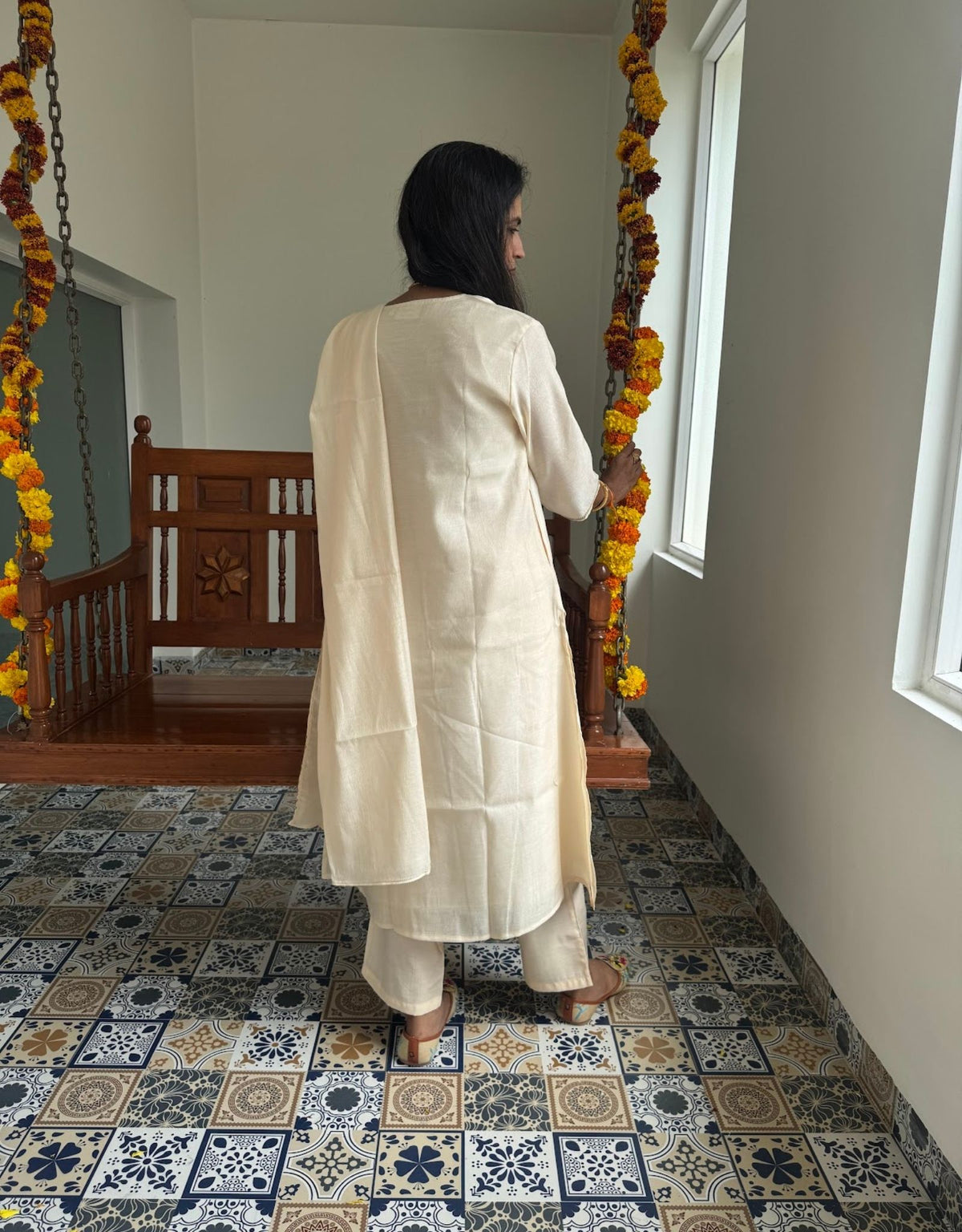 Festive Mul Chanderi Kurta Set with Dupatta - Off White