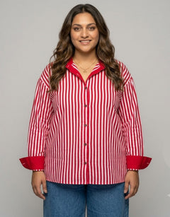 Elegant Striped Cotton Oversized Shirt  | Designed for Curves, Up to 6XL - Red