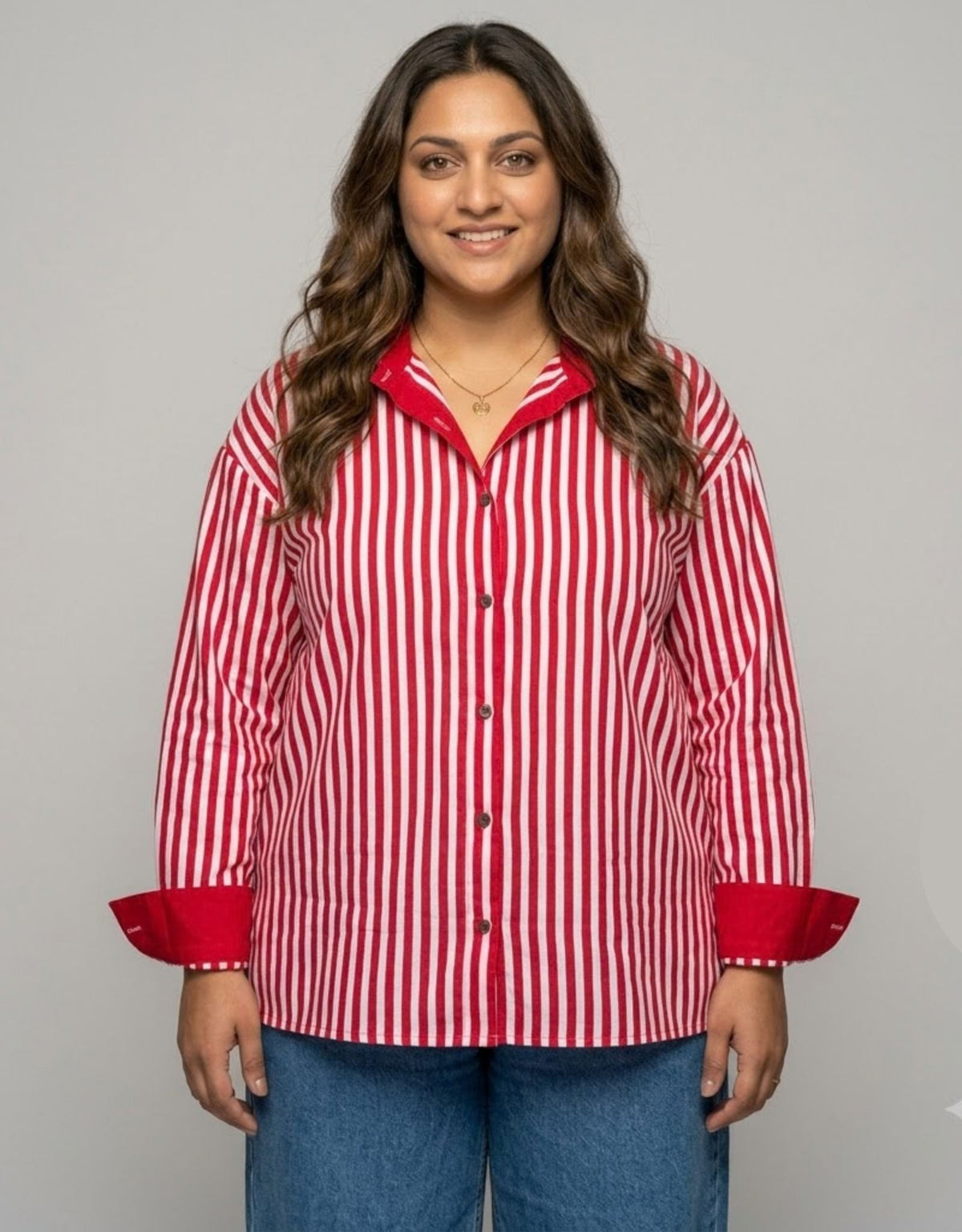 Elegant Striped Cotton Oversized Shirt  | Designed for Curves, Up to 6XL - Red