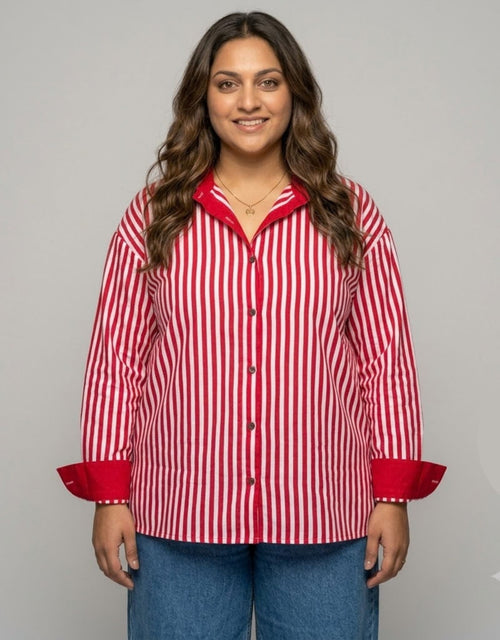 Elegant Striped Cotton Oversized Shirt  | Designed for Curves, Up to 6XL - Red