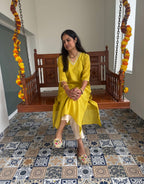 Festive Mul Chanderi Kurta Set with Dupatta - Lime Green- Off White