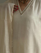Festive Mul Chanderi Kurta Set with Dupatta - Off White