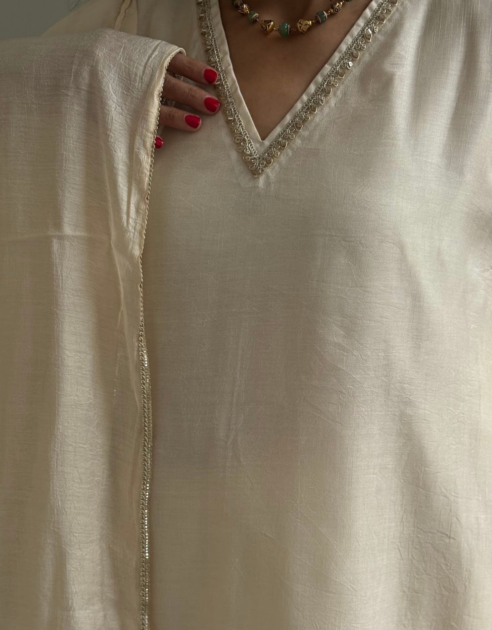 Festive Mul Chanderi Kurta Set with Dupatta - Off White
