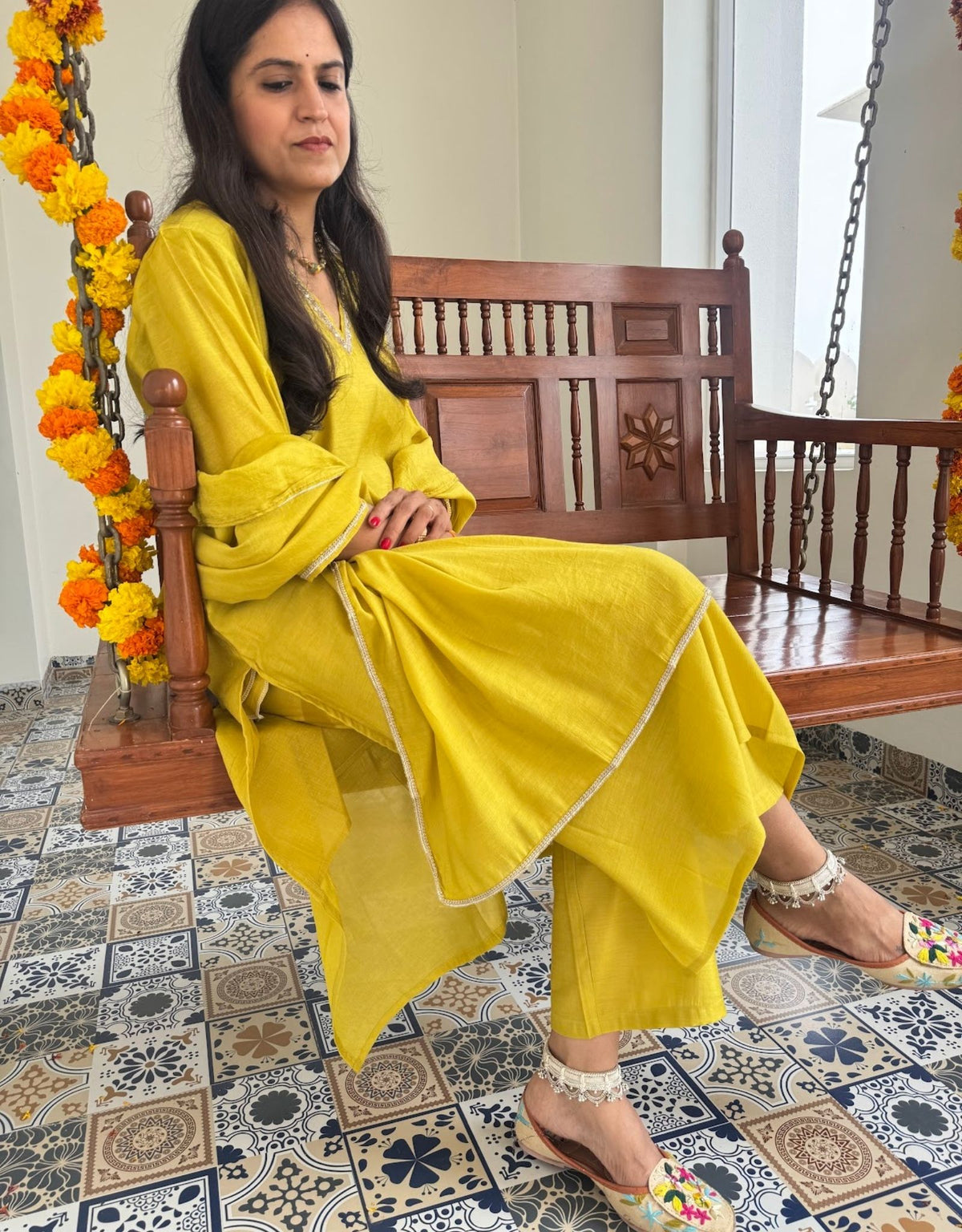 Festive Mul Chanderi Kurta Set with Dupatta - Lime Green