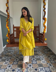 Festive Mul Chanderi Kurta Set with Dupatta - Lime Green- Off White
