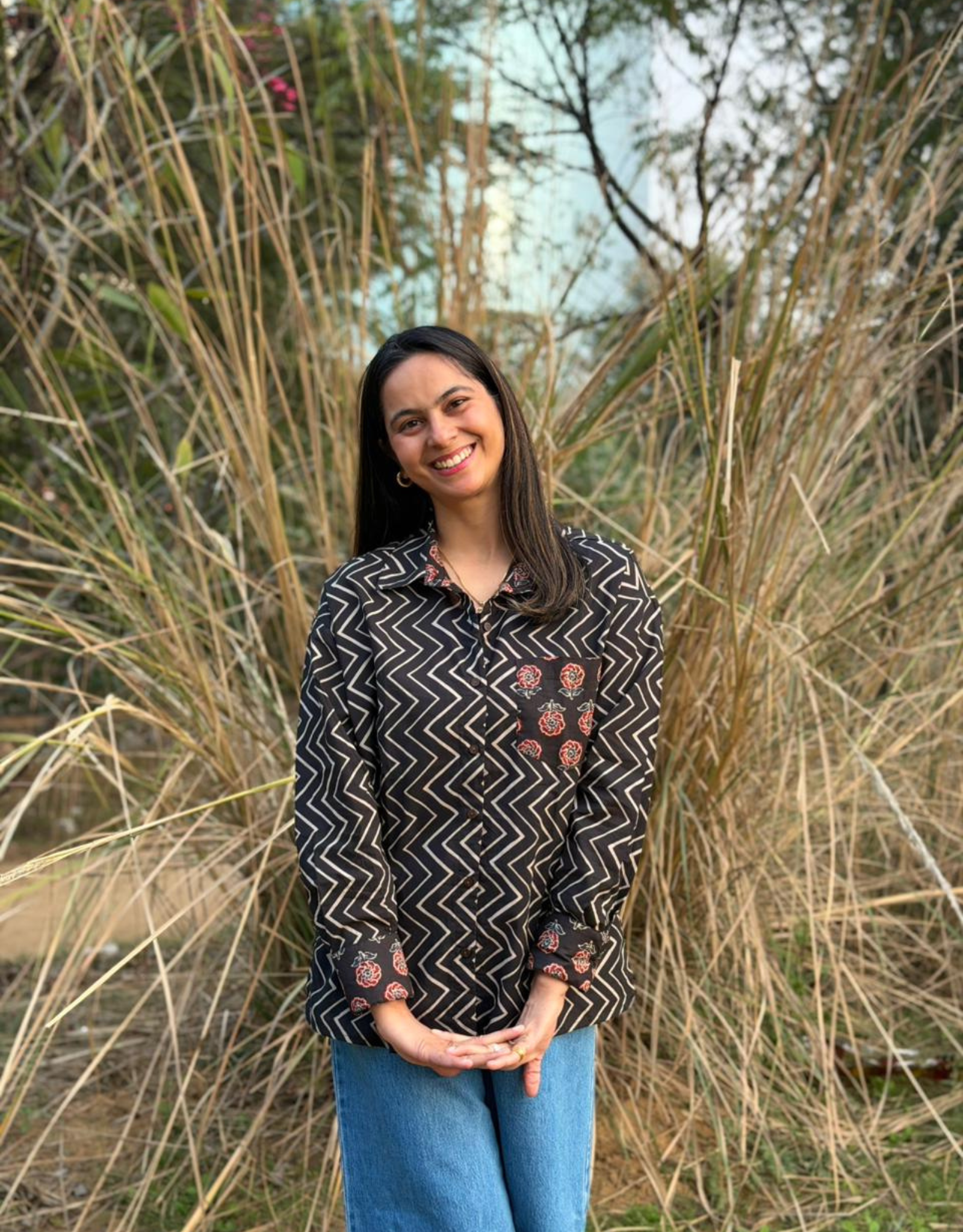 Black Zigzag Gul Cotton Oversized Shirt