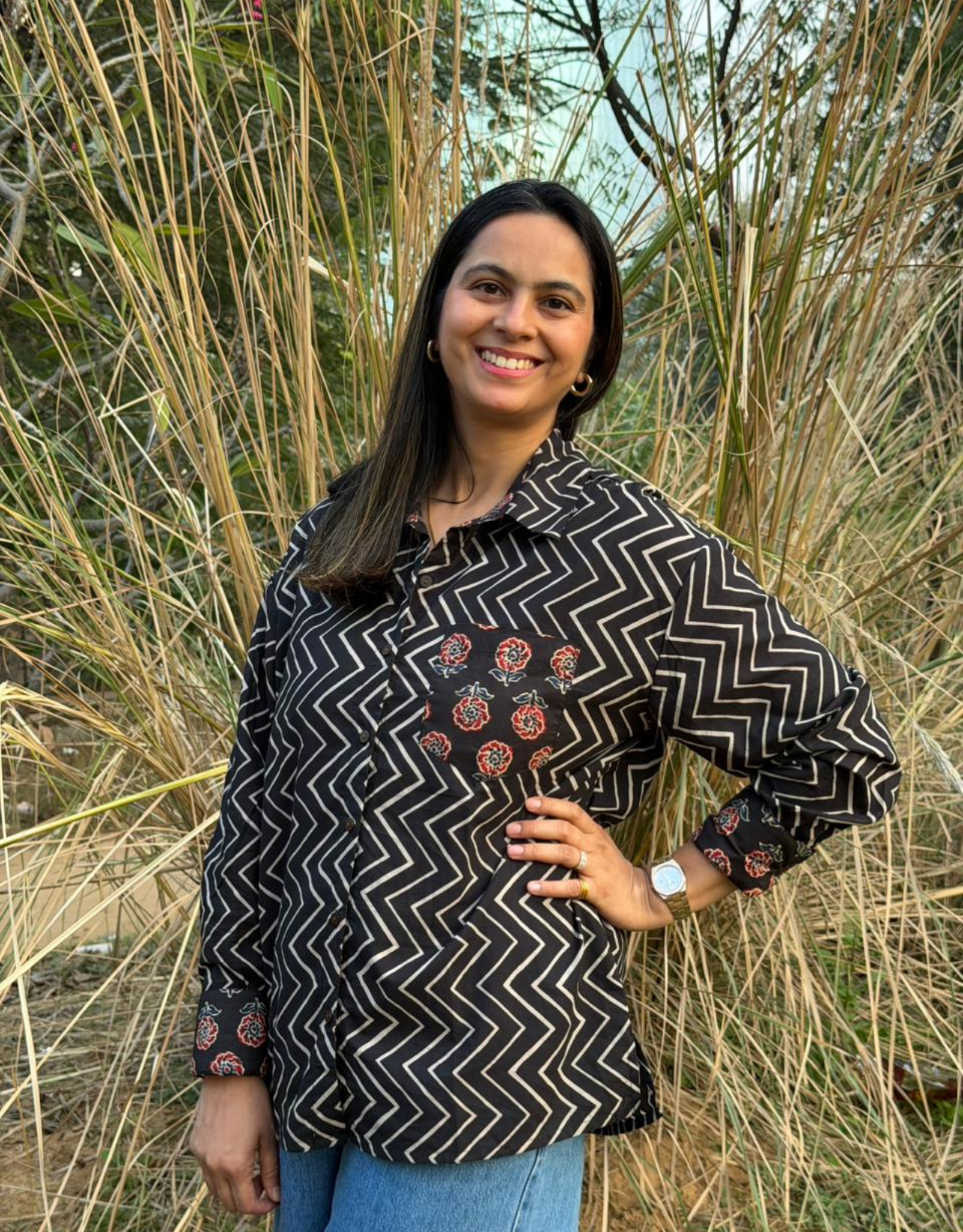 Black Zigzag Gul Cotton Oversized Shirt