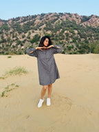 Mini-Check Gathered Sleeve Shirt Dress - Black
