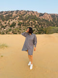 Mini-Check Gathered Sleeve Shirt Dress - Black