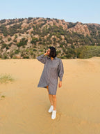 Mini-Check Gathered Sleeve Shirt Dress - Black