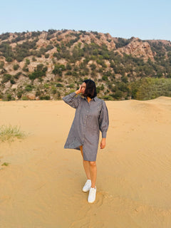 Mini-Check Gathered Sleeve Shirt Dress - Black