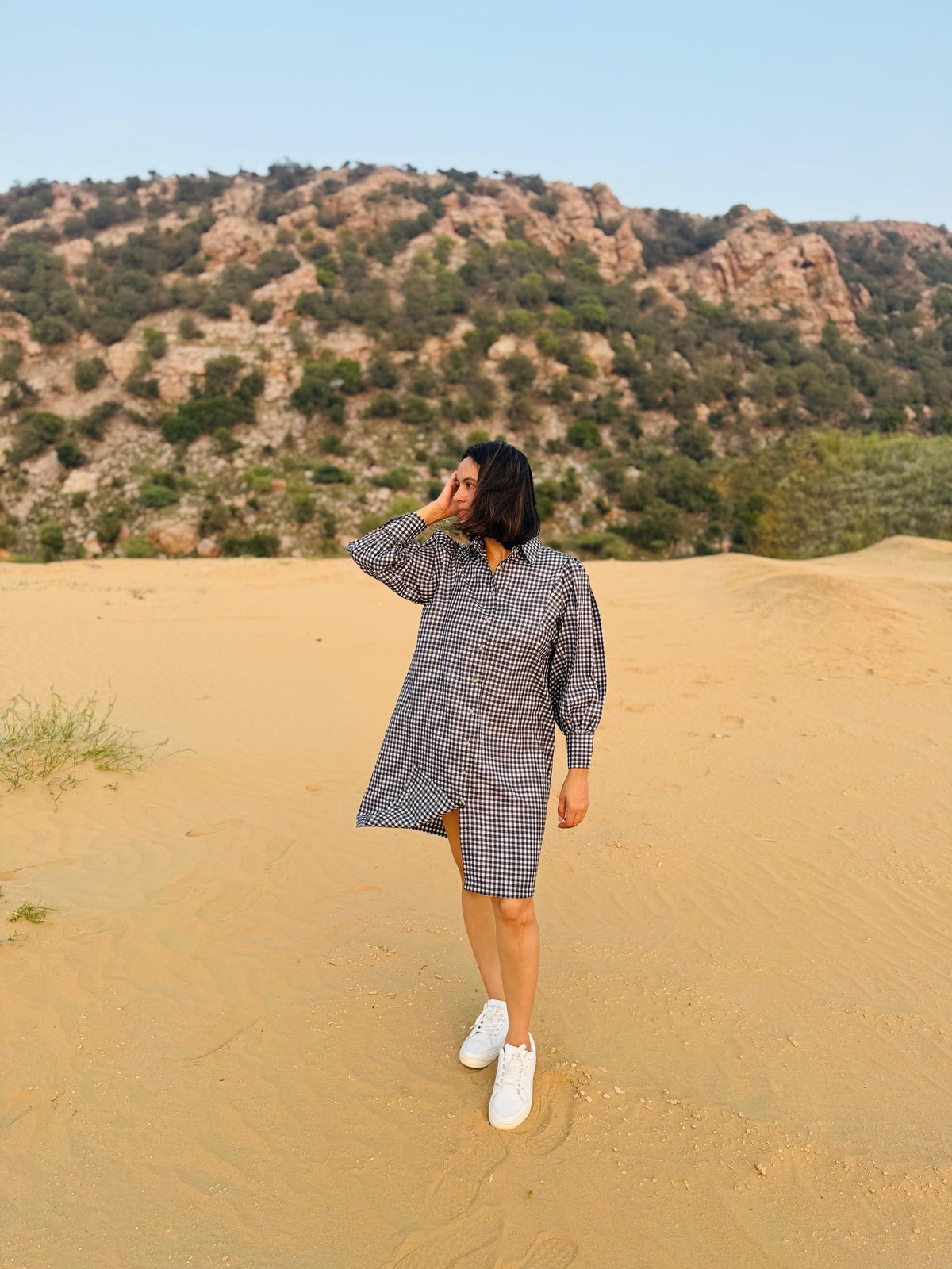 Mini-Check Gathered Sleeve Shirt Dress - Black