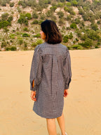 Mini-Check Gathered Sleeve Shirt Dress - Black