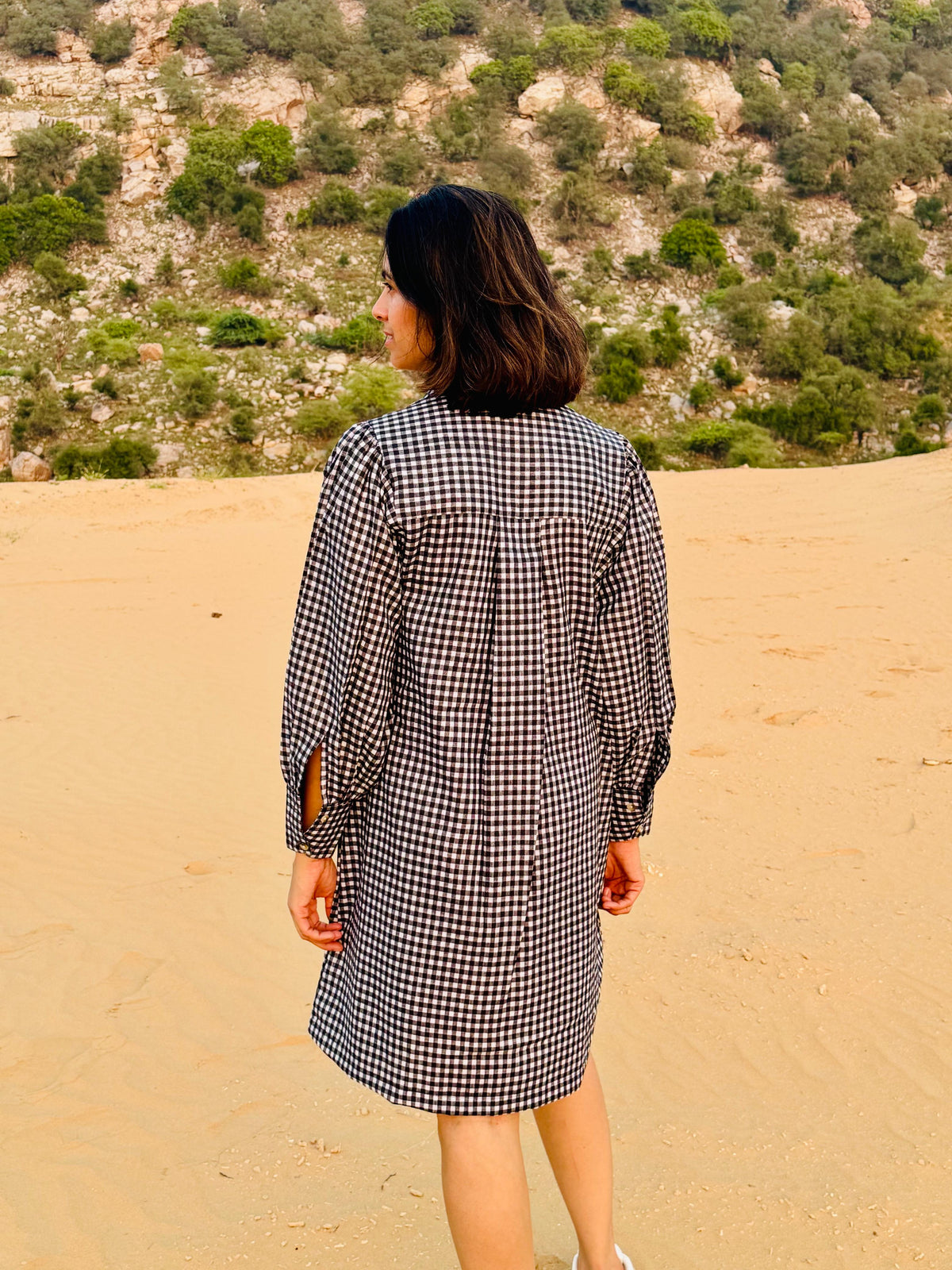Mini-Check Gathered Sleeve Shirt Dress - Black