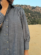 Mini-Check Gathered Sleeve Shirt Dress - Black