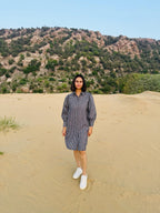 Mini-Check Gathered Sleeve Shirt Dress - Black