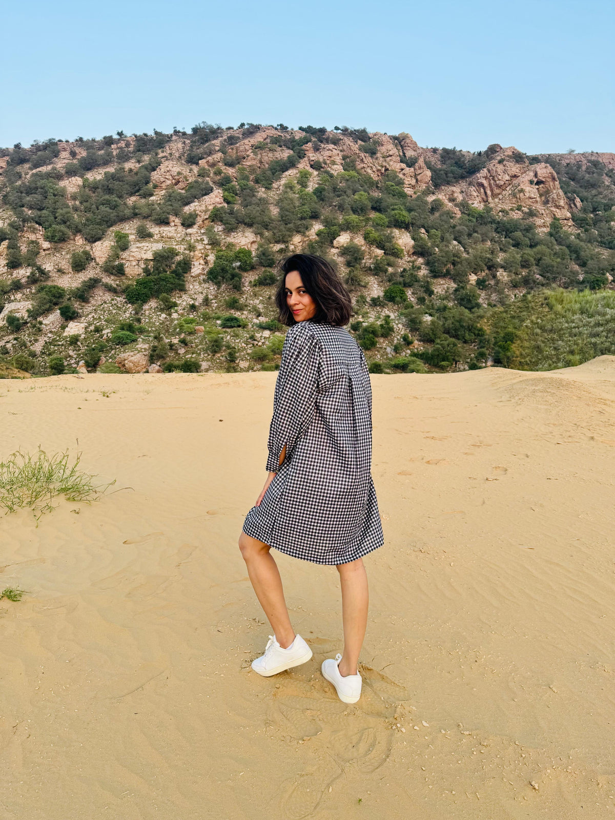 Mini-Check Gathered Sleeve Shirt Dress - Black