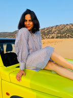 Mini-Check Gathered Sleeve Shirt Dress - Blue