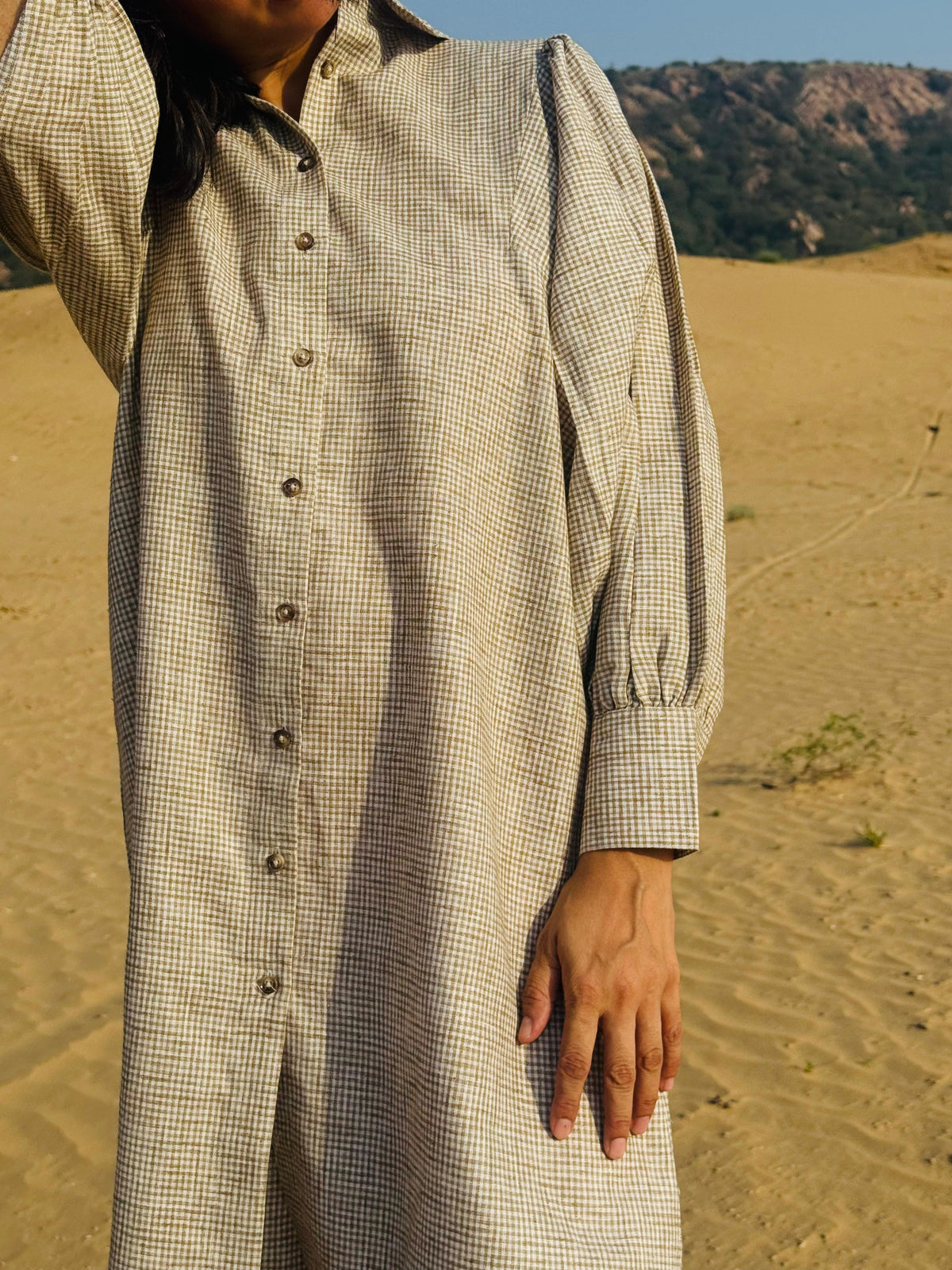 Micro-Check Gathered Sleeve Shirt Dress - Brown