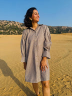 Mini-Check Gathered Sleeve Shirt Dress - Brown