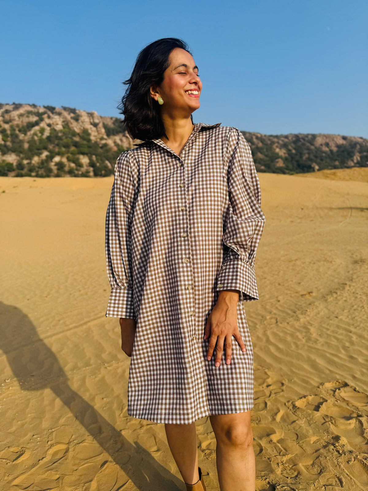 Mini-Check Gathered Sleeve Shirt Dress - Brown