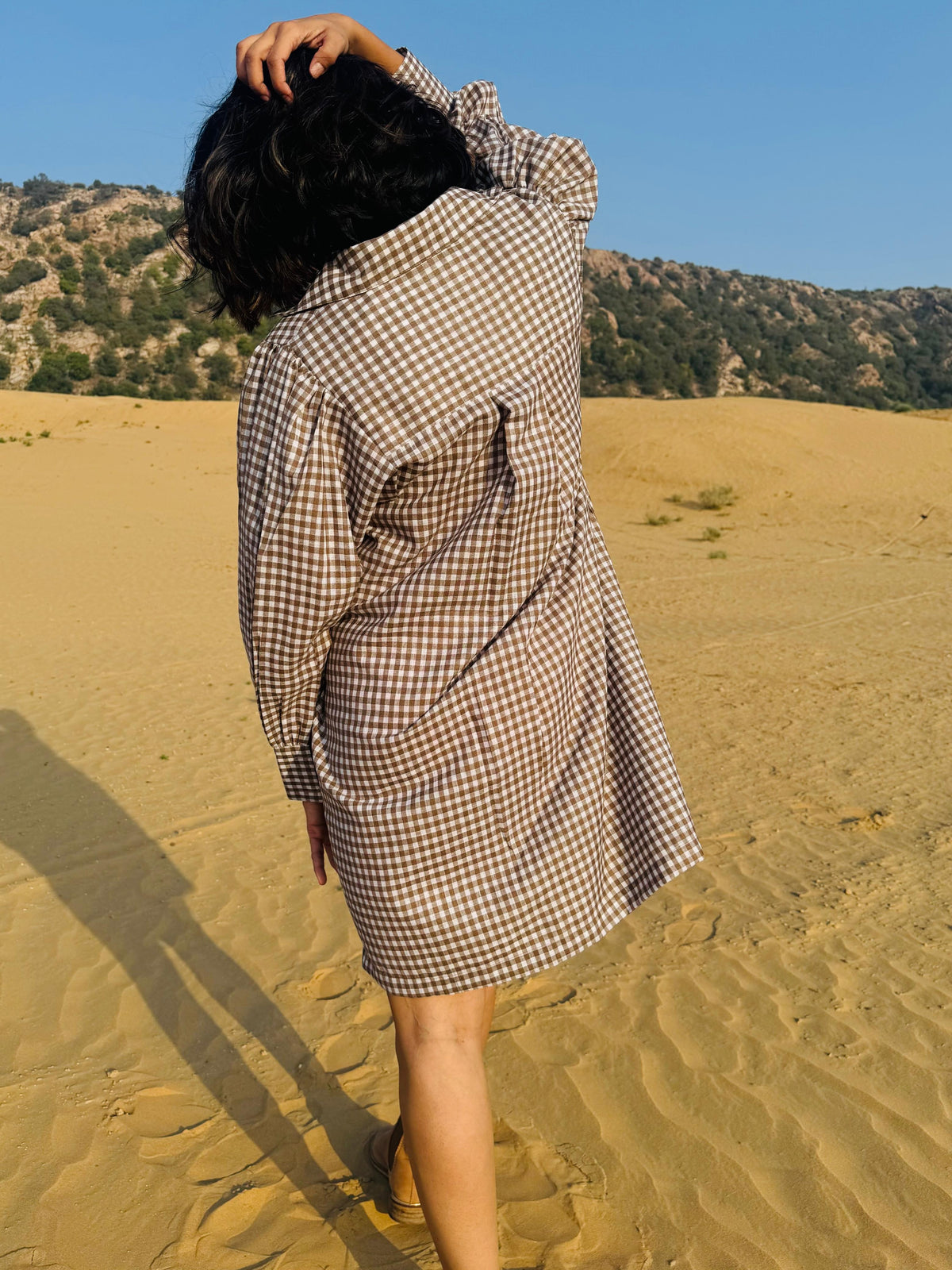 Mini-Check Gathered Sleeve Shirt Dress - Brown