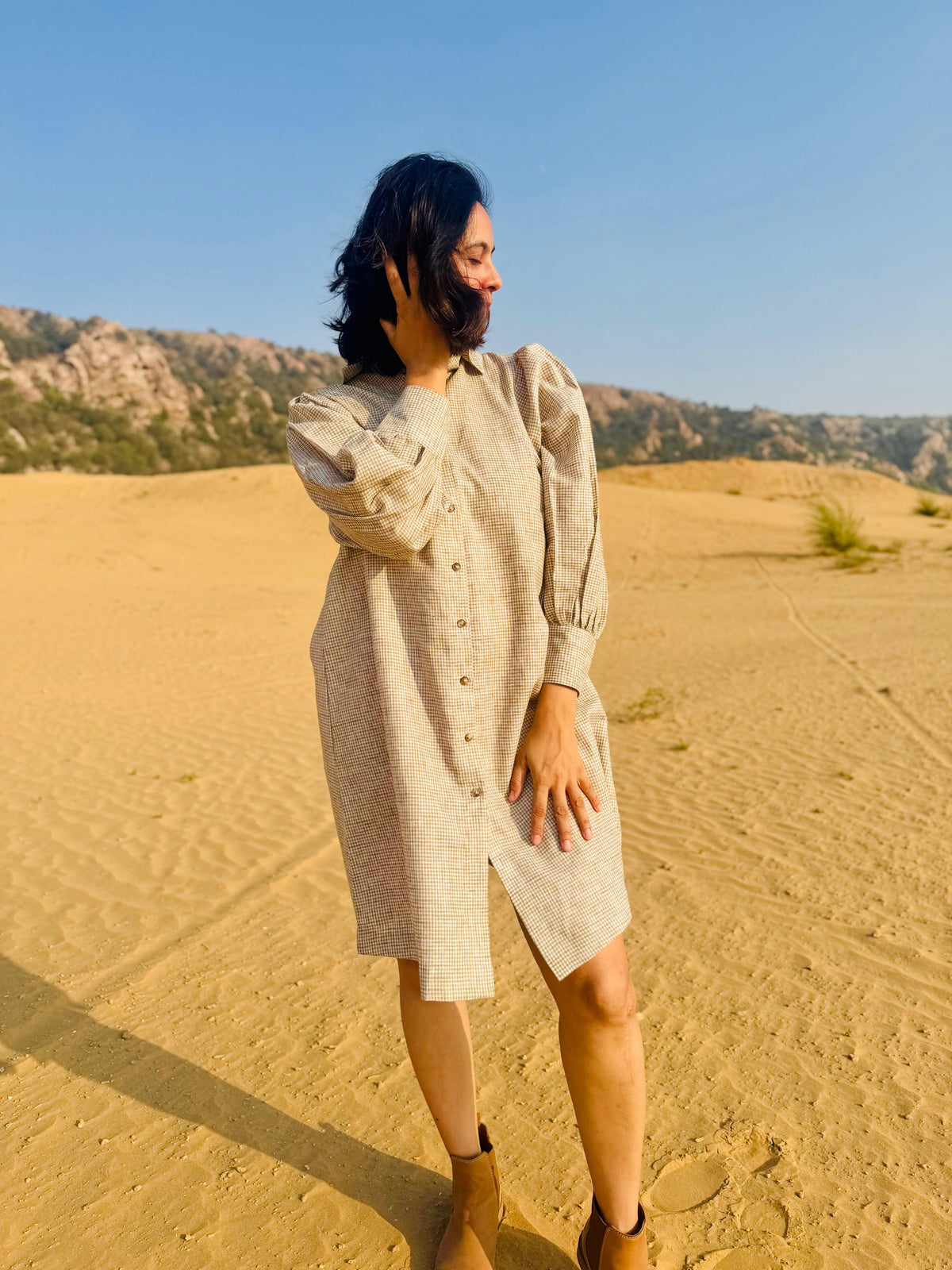 Micro-Check Gathered Sleeve Shirt Dress - Brown