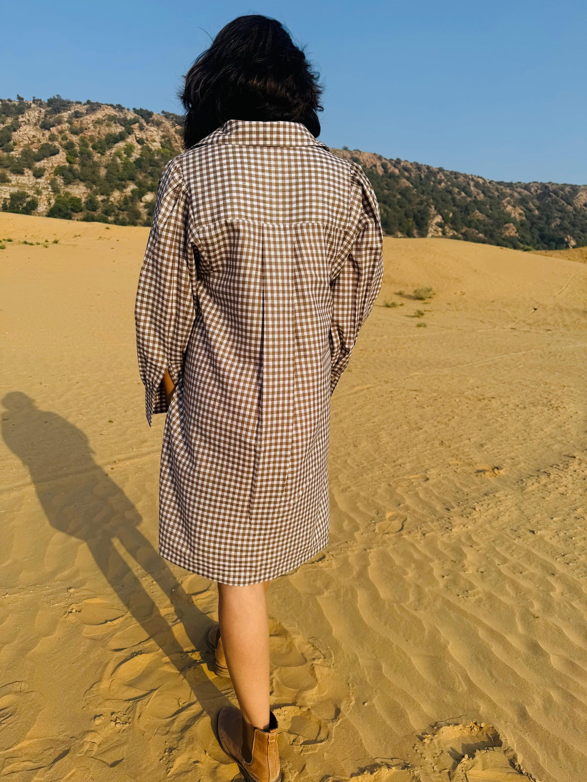 Mini-Check Gathered Sleeve Shirt Dress - Brown