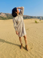 Micro-Check Gathered Sleeve Shirt Dress - Brown