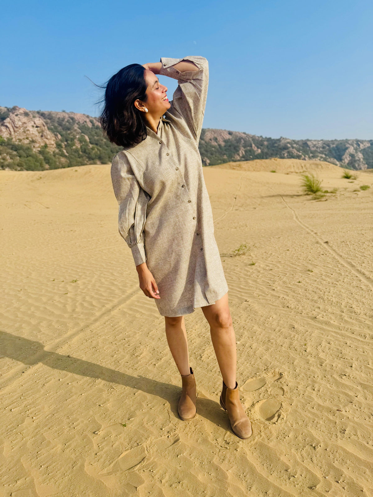 Micro-Check Gathered Sleeve Shirt Dress - Brown