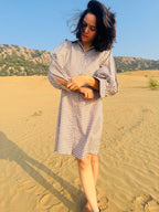 Mini-Check Gathered Sleeve Shirt Dress - Brown