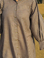Mini-Check Gathered Sleeve Shirt Dress - Brown