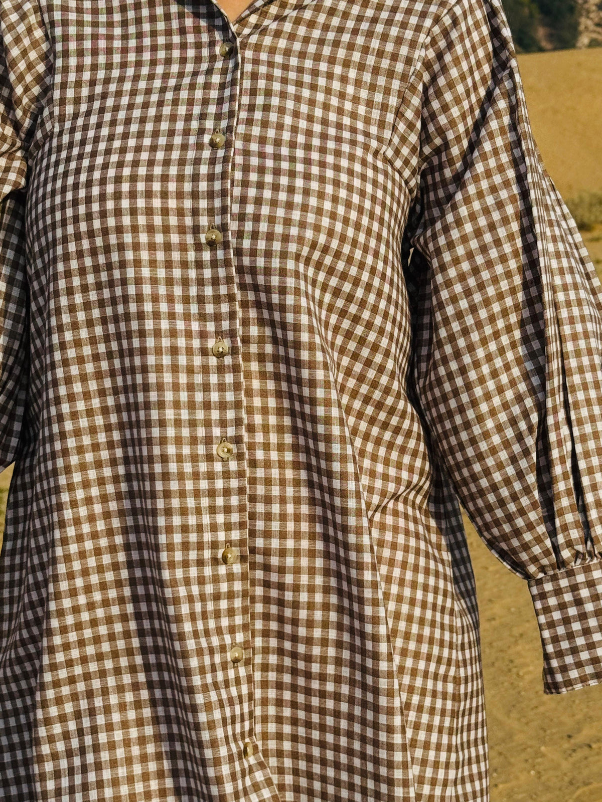 Mini-Check Gathered Sleeve Shirt Dress - Brown