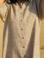 Micro-Check Gathered Sleeve Shirt Dress - Brown