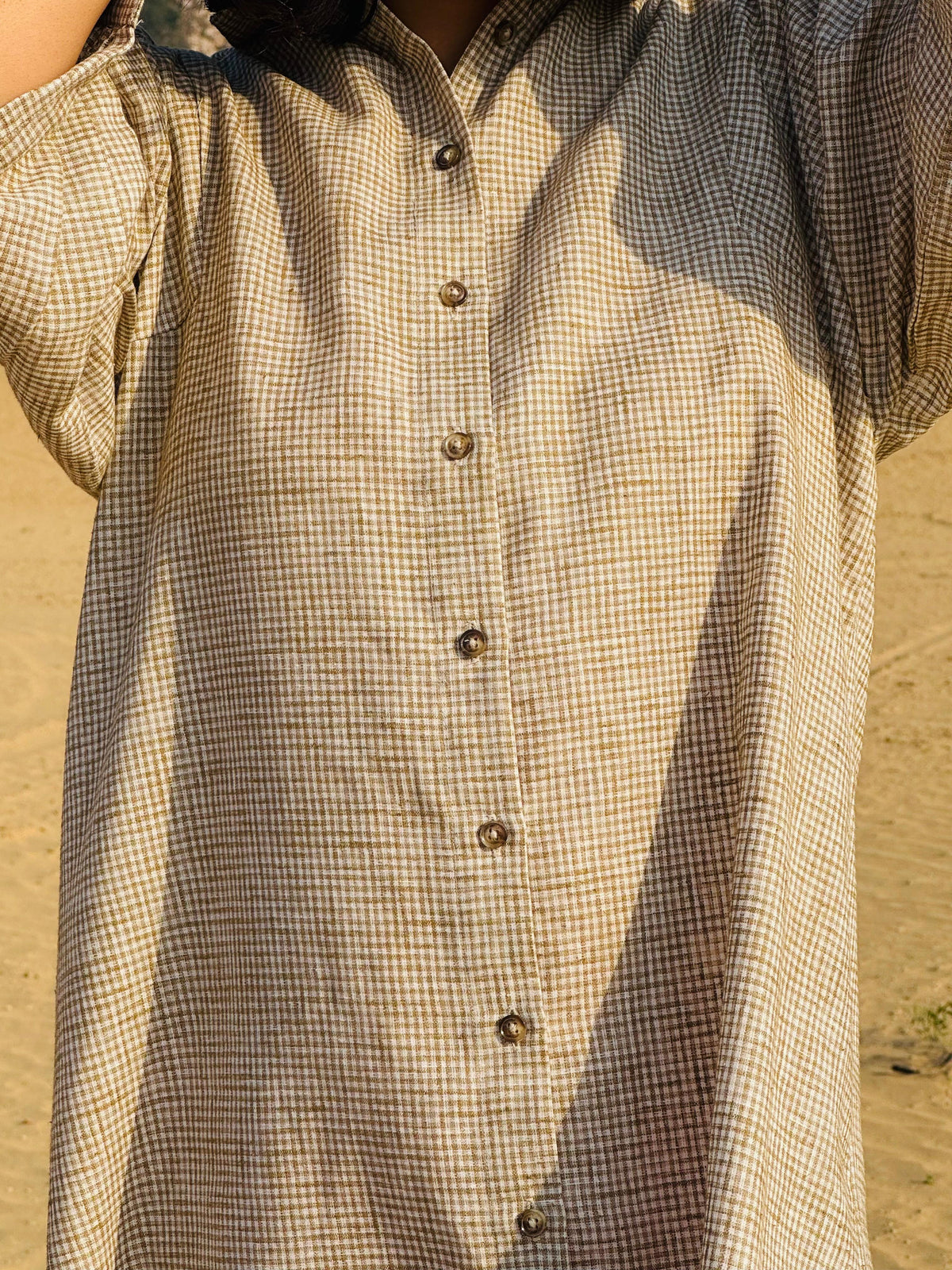 Micro-Check Gathered Sleeve Shirt Dress - Brown