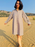 Mini-Check Gathered Sleeve Shirt Dress - Brown