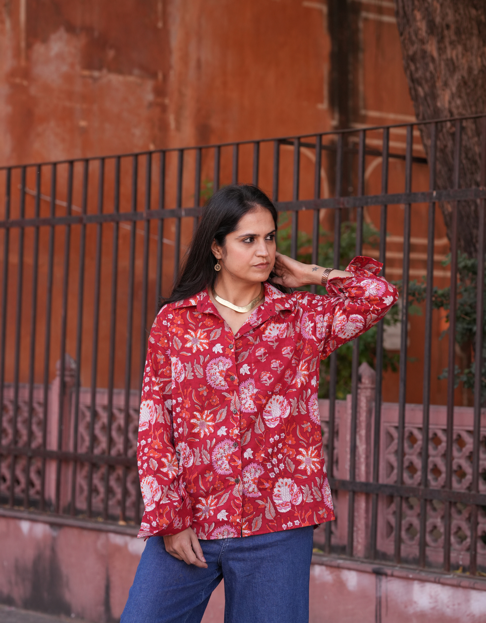 Delhi Red Floral Cotton Oversized Shirt