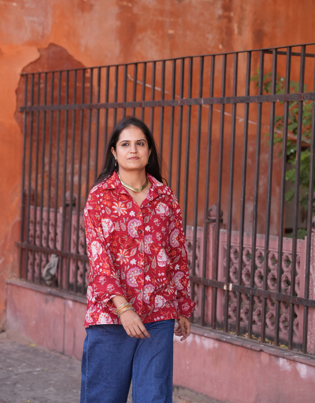 Delhi Red Floral Cotton Oversized Shirt