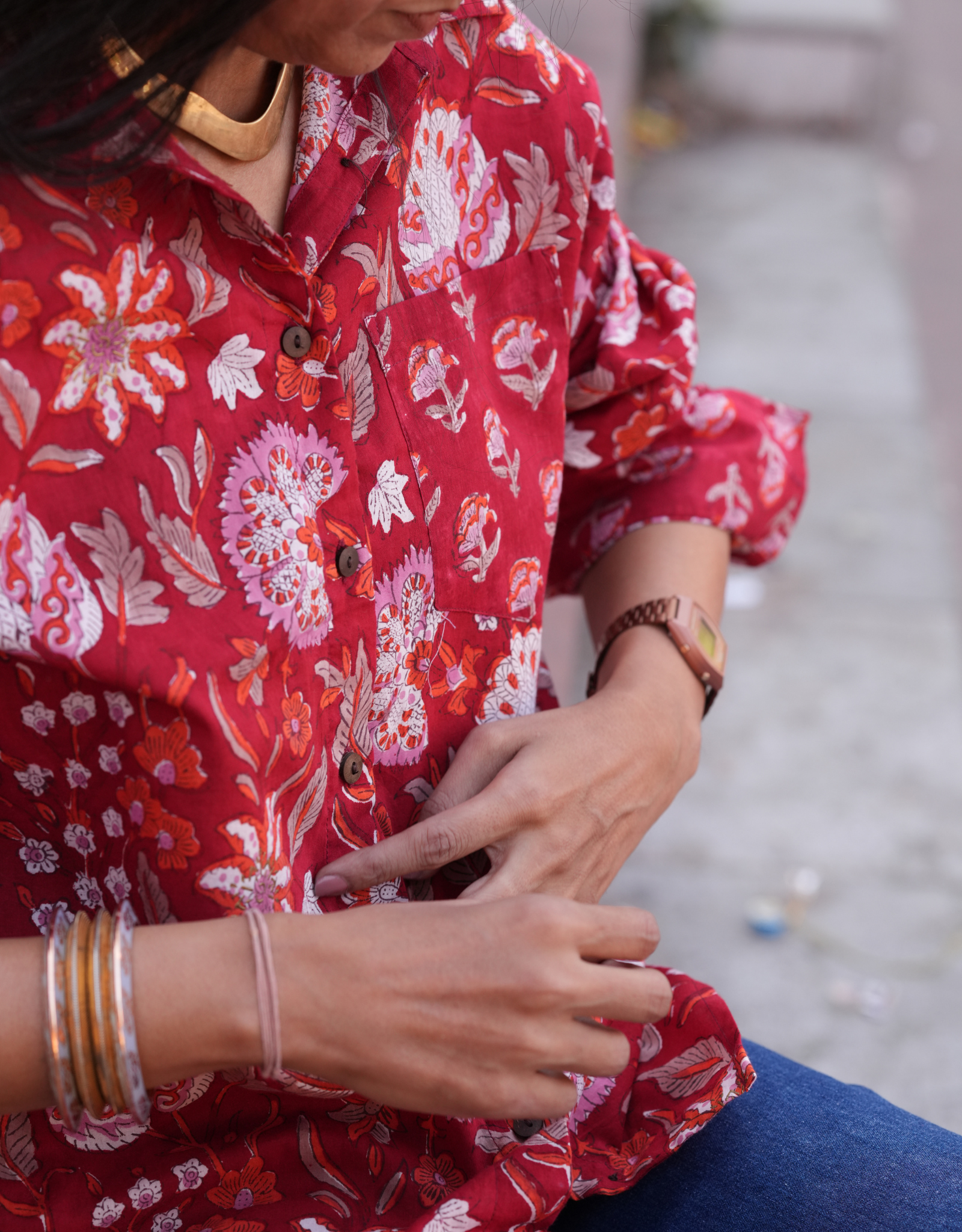 Delhi Red Floral Cotton Oversized Shirt