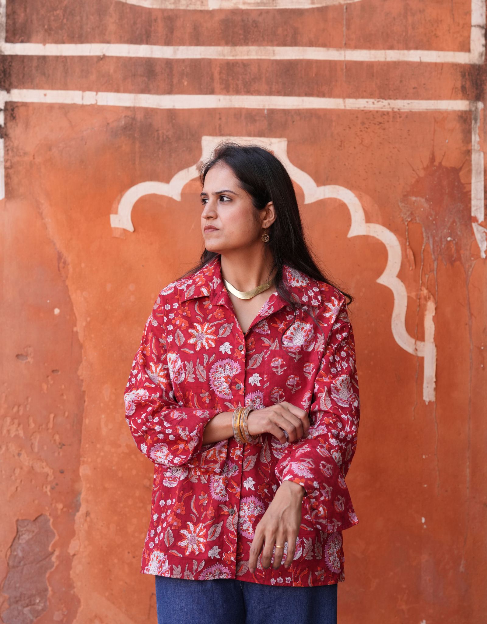 Delhi Red Floral Cotton Oversized Shirt