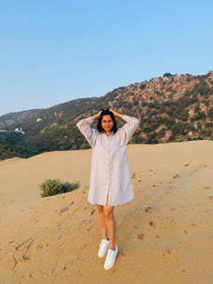 Mini-Check Gathered Sleeve Shirt Dress - Grey