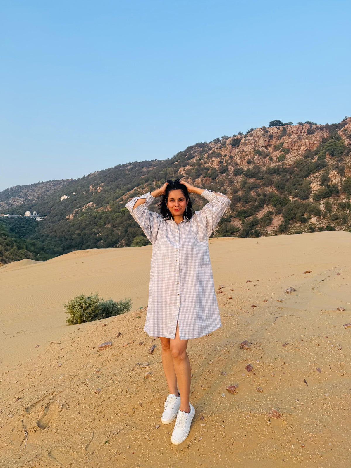 Mini-Check Gathered Sleeve Shirt Dress - Grey